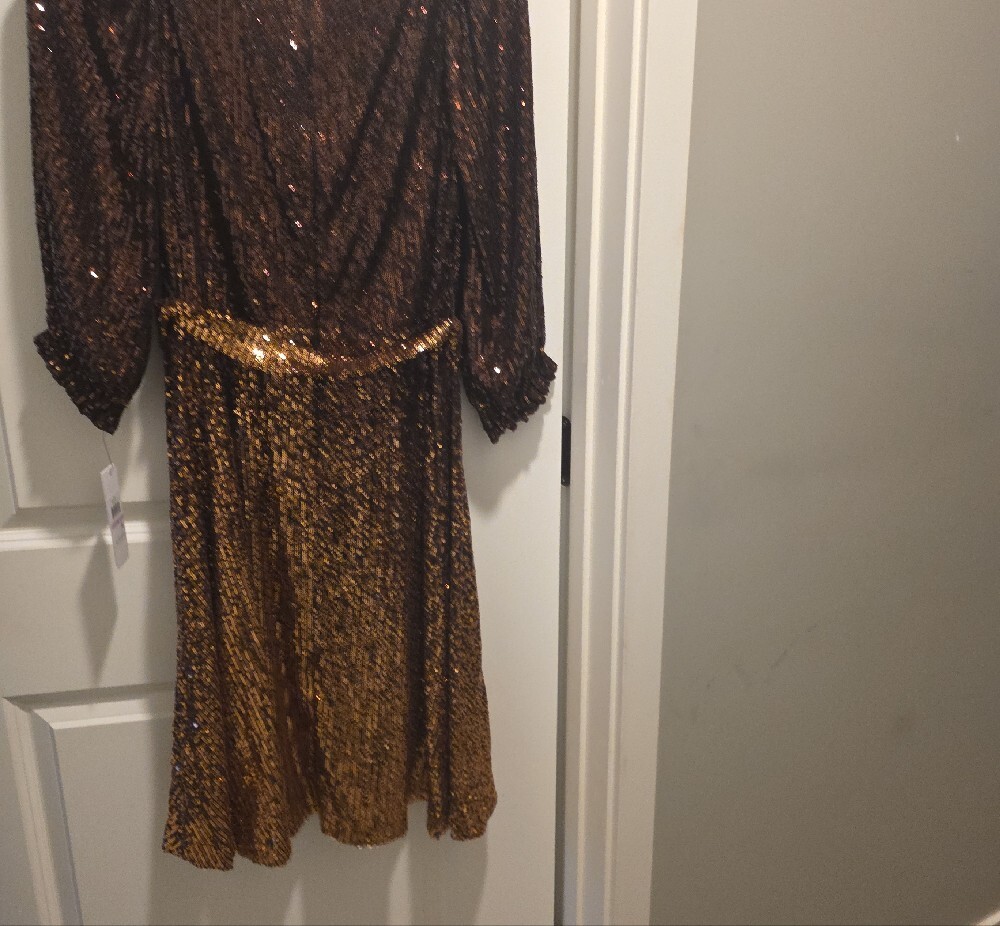 DKNY Two-Tone Bronze Sequin Wrap Midi Dress - Picture 15 of 16